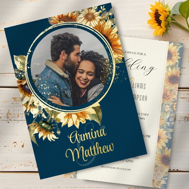 Invitation En Aluminium Sunflower Navy Blue Photo Mariage Gold (A sunflower wedding invitation template with country rustic charm and personalized photo)