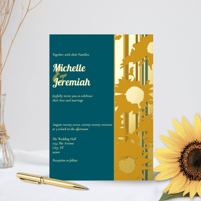 Invitation En Aluminium Sunflower Teal Blue Modern Wedding Gold (Créateur téléchargé)