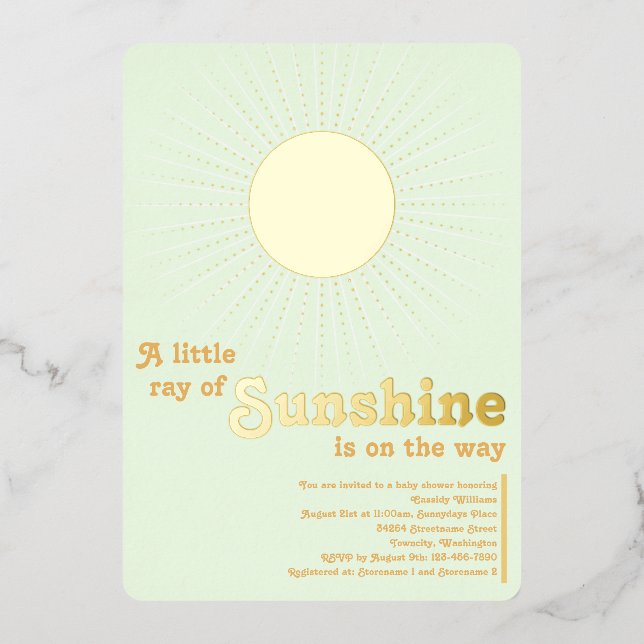 Invitation En Aluminium Sunshine Green Gold Baby shower Sun (Recto)