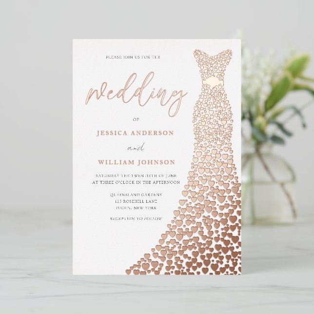 Invitation En Aluminium Superbe robe Rose d'or mariage élégant (Debout devant)