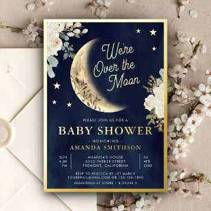 Invitation En Aluminium Sur la Lune Ivory Floral Navy Baby Shower Or