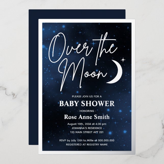 Invitation En Aluminium Sur le Baby shower de la Lune Véritable Argent (Recto/Verso)