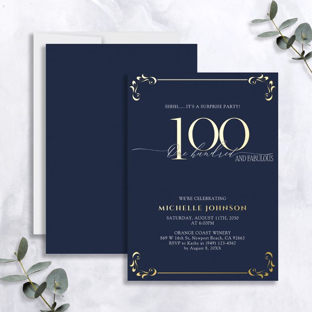 Invitation En Aluminium Surprise 100 & Fabulous Blue & Gold Birthday (Créateur téléchargé)