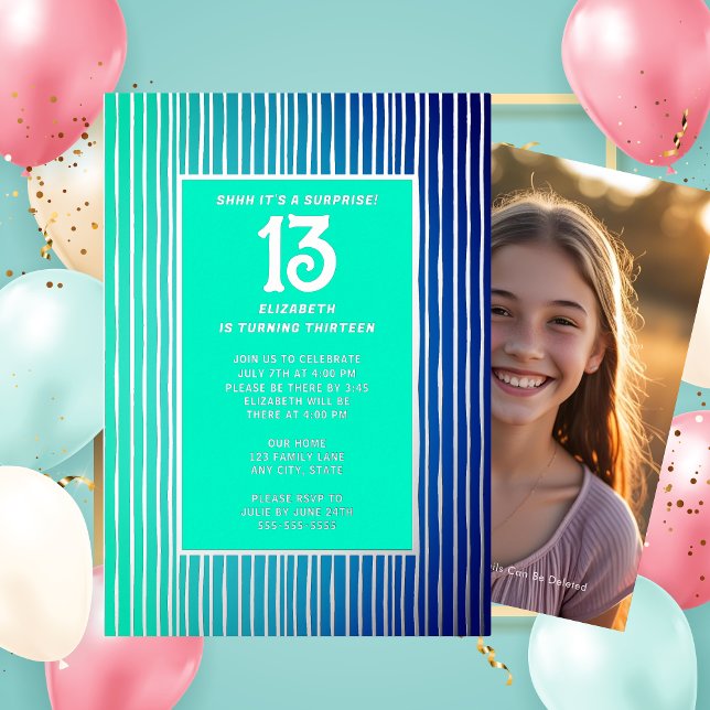Invitation En Aluminium Surprise 13e anniversaire fête Bright Blue Girly (Créateur téléchargé)