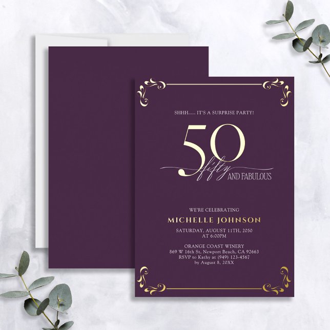 Invitation En Aluminium Surprise 50 & Fabuleux Anniversaire Purple & Or (Créateur téléchargé)
