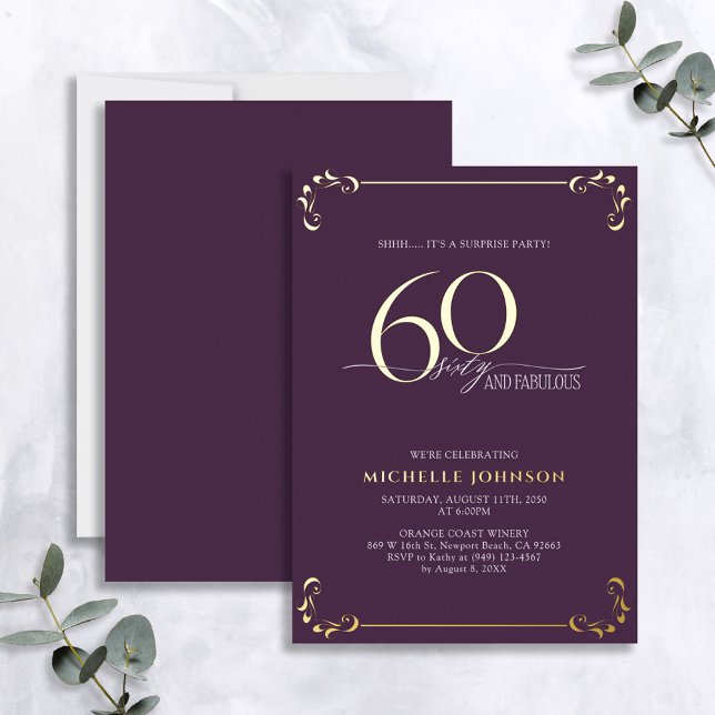 Invitation En Aluminium Surprise 60 & Fabuleux Purple & Gold Anniversaire (Créateur téléchargé)