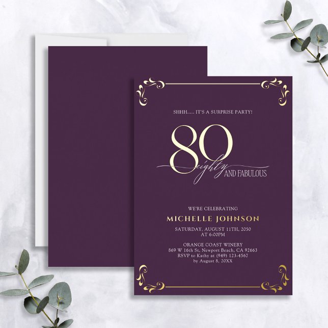Invitation En Aluminium Surprise 80 & Anniversaire Violet et Or Fabulous (Créateur téléchargé)