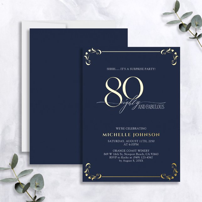 Invitation En Aluminium Surprise 80 & Fabulous Blue & Gold Birthday (Créateur téléchargé)