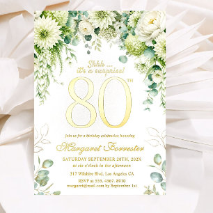Invitation En Aluminium Surprise 80e anniversaire Eucalyptus Floral Or vér