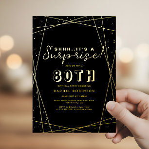 Invitation En Aluminium Surprise 80e anniversaire géométrique noir et or