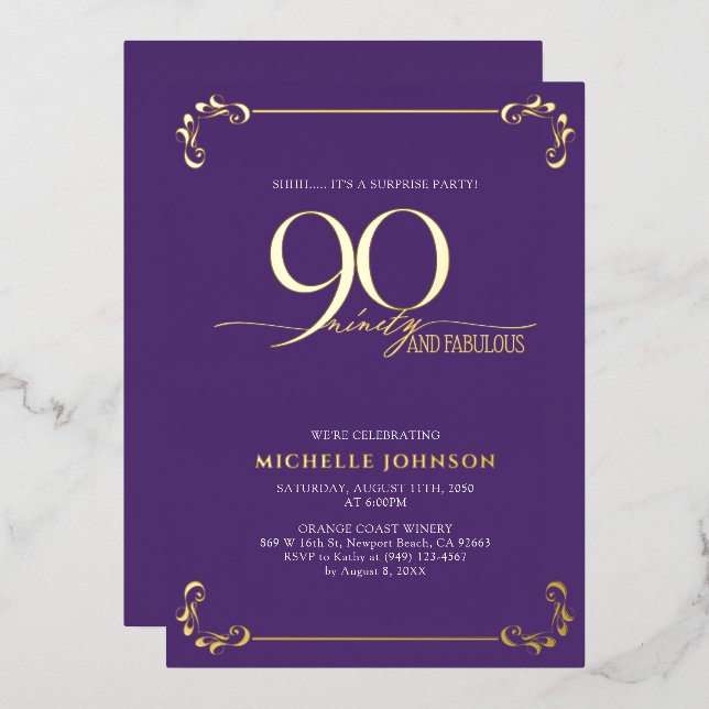 Invitation En Aluminium Surprise 90 & Fabuleux Anniversaire Purple & Or (Recto/Verso)