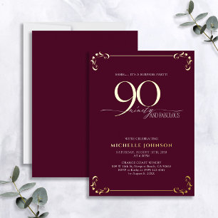 Invitation En Aluminium Surprise 90 & Fabulous Bourgogne & Or Anniversaire