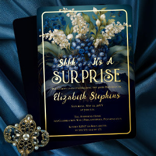 Invitation En Aluminium Surprise élégante baroque fleurs bleues 40e annive