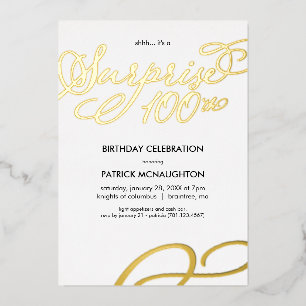 Invitation En Aluminium Surprise Party 100e anniversaire Gold Foil Invitat