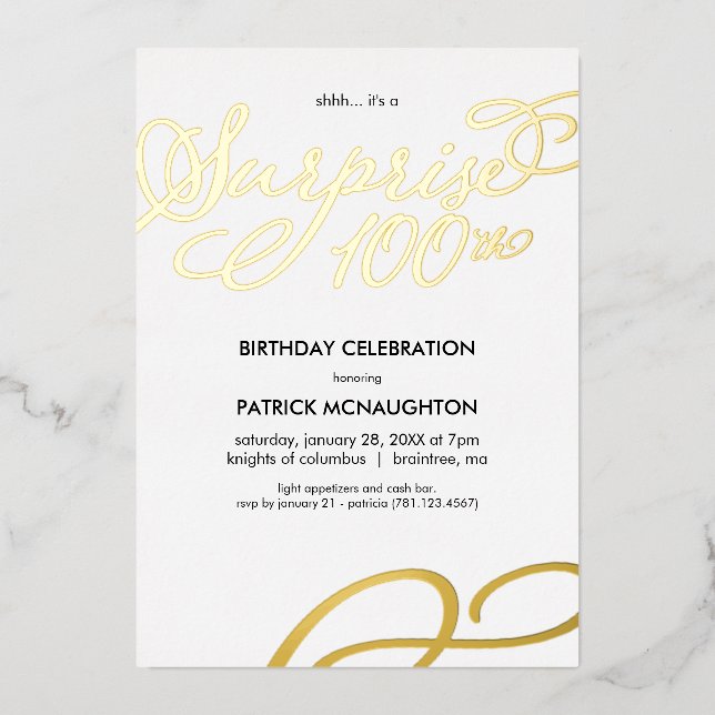 Invitation En Aluminium Surprise Party 100e anniversaire Gold Foil Invitat (Recto)