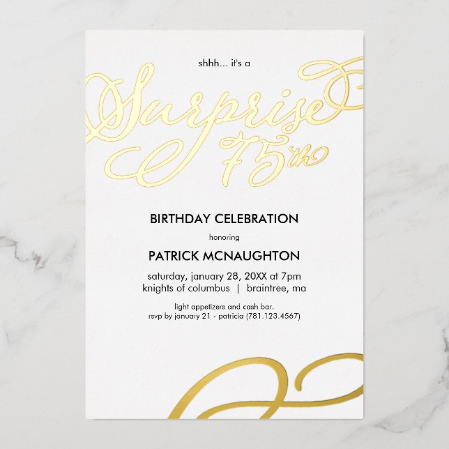 Invitation En Aluminium Surprise Party 75e anniversaire Gold Foil Invitati (Recto)