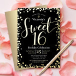 Invitation En Aluminium Sweet 16 Anniversaire Moderne Fille Noir Vrai Or<br><div class="desc">"Bonne Douce 16". Envoyez cette invitation de fête étonnante, pétillante, girly, festive, moderne, personnalisée pour un événement à retenir. Une véritable typographie de feuille d'or et des confettis superposent un arrière - plan noir. Un arrière - plan en faux or brossé est sur le dos. Personnalisez le texte personnalisé avec...</div>