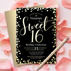 Invitation En Aluminium Sweet 16 Anniversaire Moderne Fille Noir Vrai Or