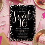 Invitation En Aluminium Sweet 16 Anniversaire Moderne Glam Noir Véritable<br><div class="desc">"Bonne Douce 16". Envoyez cette invitation de fête étonnante, pétillante, girly, festive, moderne, personnalisée pour un événement à retenir. La typographie et les confettis d'écriture de feuille d'or rose recouvre un arrière - plan noir. Un arrière - plan de feuille d'or faux rose brossé est sur le dos. Personnalisez le...</div>