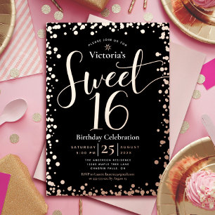 Invitation En Aluminium Sweet 16 Anniversaire Moderne Glam Noir Véritable 