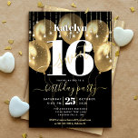 Invitation En Aluminium Sweet 16 Balloons Script Anniversaire Black Real G<br><div class="desc">"Bonne Douce 16". Envoyez cette magnifique, simple, festive, moderne, personnalisée véritable feuille d'or invitation pour un événement à se souvenir. Audacieux, graphique, typographie blanche et véritable feuille d'or script écrit à la main superposent de faux ballons d'or et de faux lampes à cordes brillantes d'or sur un arrière - plan...</div>