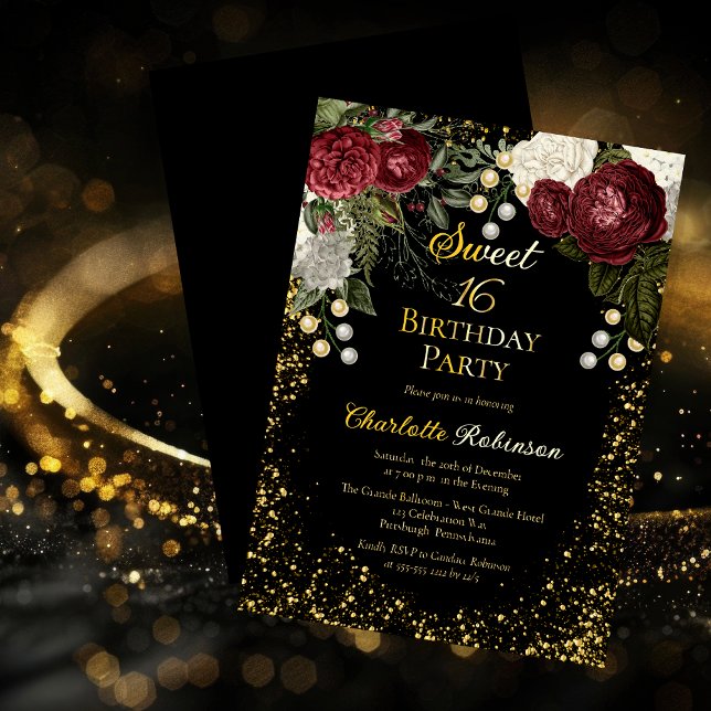 Invitation En Aluminium Sweet 16 Glam Bourgogne Rose Floral fête d'anniver (Sweet 16 Glam Burgundy Rose Floral Birthday Party Gold Foil Invitation)