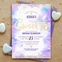Sweet 16 Script Purple Aquarelle Glam Real Gold