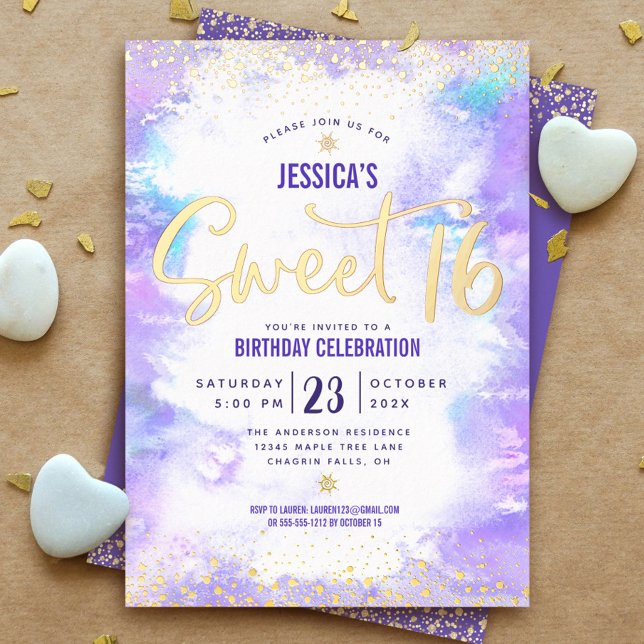 Invitation En Aluminium Sweet 16 Script Purple Aquarelle Glam Real Gold (Créateur téléchargé)