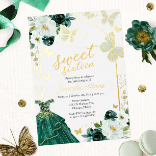 Invitation En Aluminium Sweet sixteen à papillon Emerald Vert robe or
