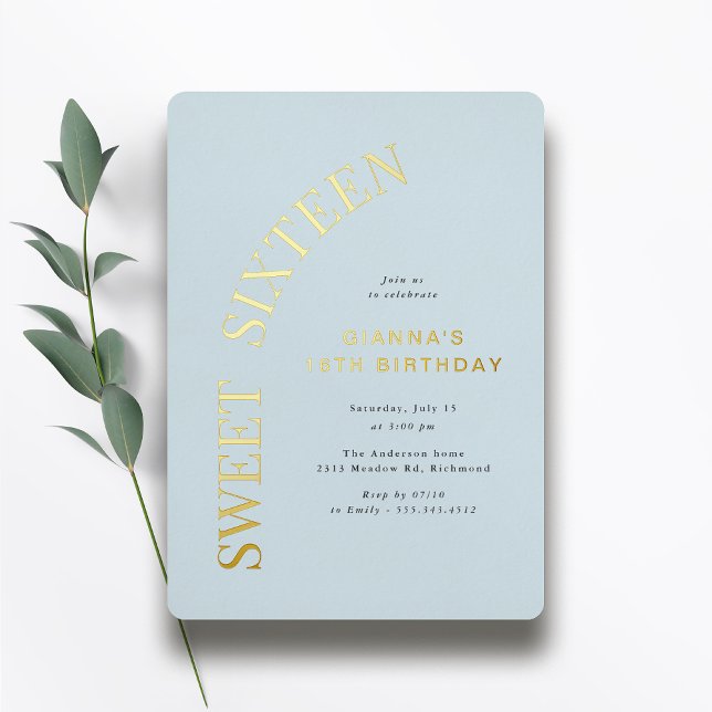 Invitation En Aluminium Sweet sixteen | Bleu clair et or 16e anniversaire (Créateur téléchargé)