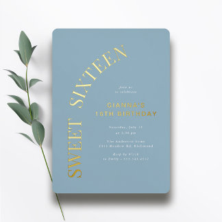 Invitation En Aluminium Sweet Sixteen | Bleu Poussiéreux et Or 16e Anniver