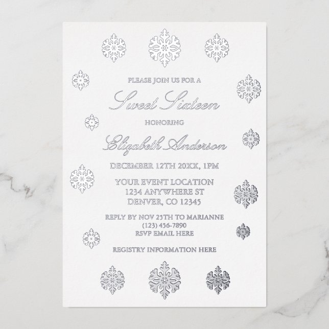 Invitation En Aluminium Sweet sixteen d'hiver de Snowflake (Recto)