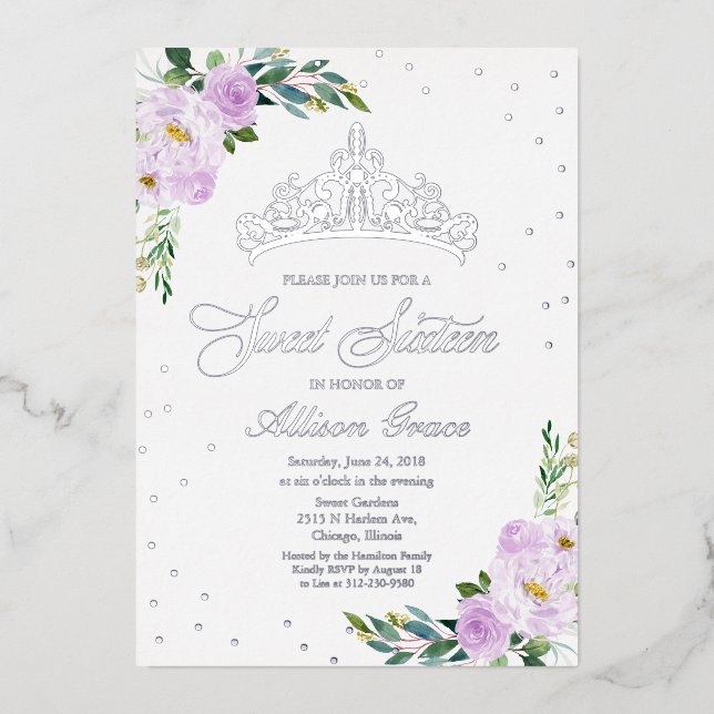 Invitation En Aluminium Sweet sixteen Tiara Lavender Fleurs Argent (Recto)