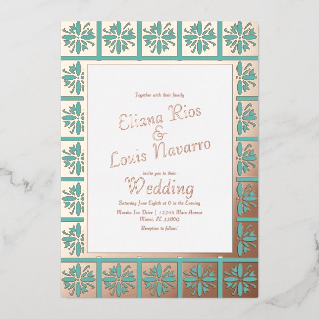 Invitation En Aluminium Talavera Mexicaine Espagnol Mariage Turquoise (Recto)