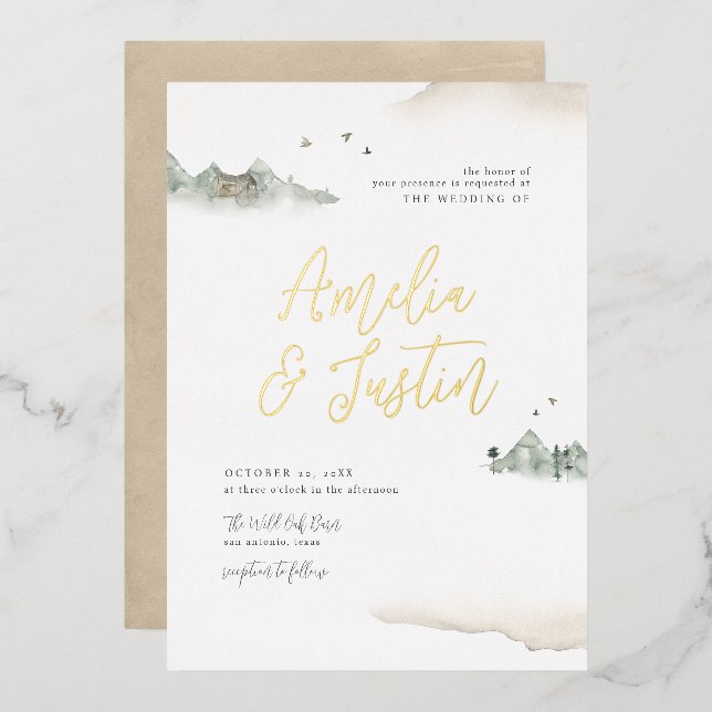 Invitation En Aluminium Tan Watercolor Mountain Destination Mariage (Recto/Verso)