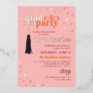 Invitation En Aluminium Tassel & Etoiles rose Retro Script Grad Party Gold