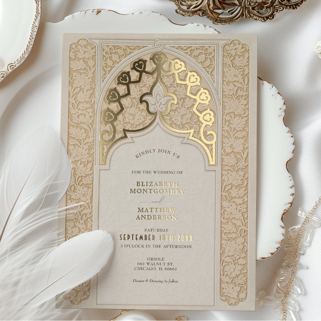 Invitation En Aluminium Taupe chaude et dentelle de crème Art Nouveau Mari (Créateur téléchargé)