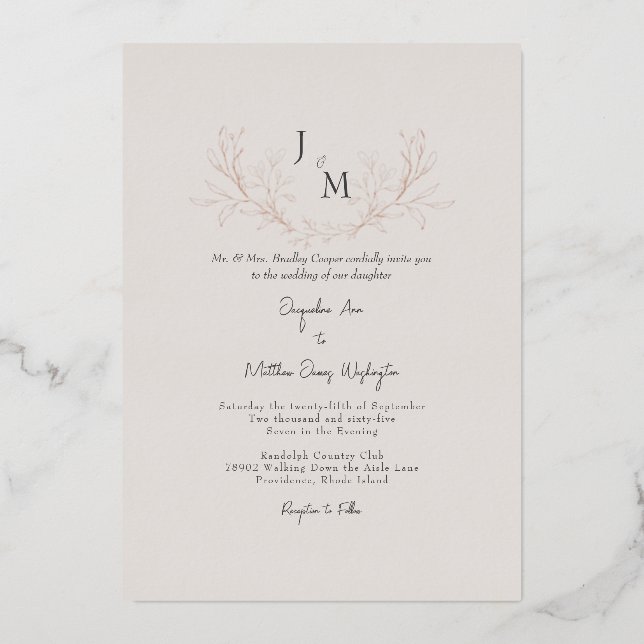 Invitation En Aluminium Taupe Élégant Simplement Mariage Feuillage Rose Do (Recto)