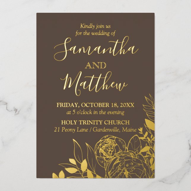 Invitation En Aluminium Taupe & Gold Peony Mariage Floral moderne (Recto)