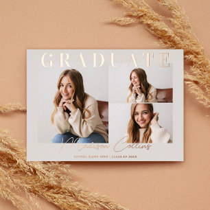 Invitation En Aluminium Taupe moderne 3 Photo Graduation Rose Gold