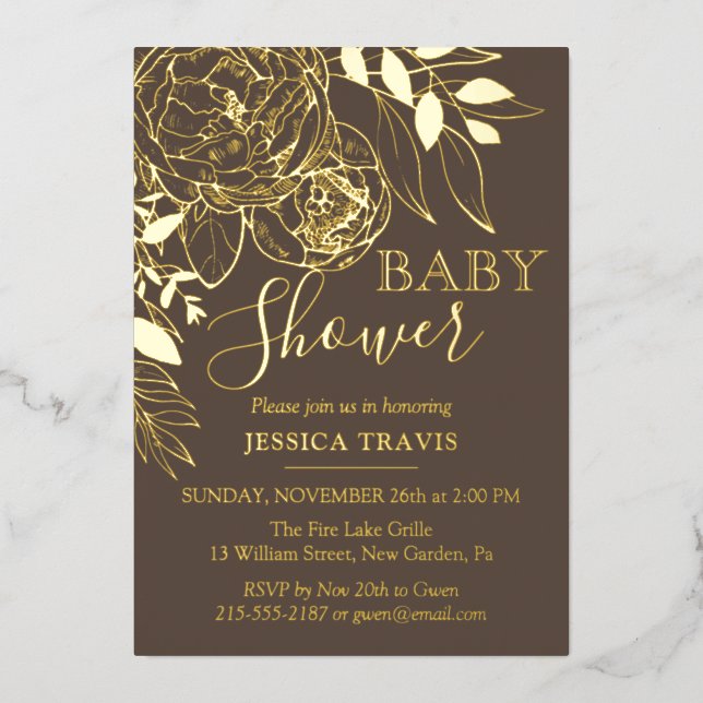Invitation En Aluminium Taupe & Or Baby shower Floral moderne (Recto)