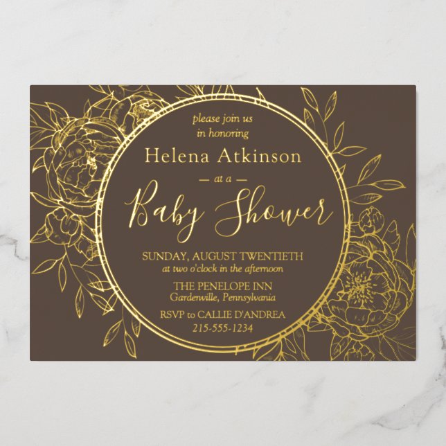 Invitation En Aluminium Taupe & Or moderne Peony Toile Baby shower (Recto)