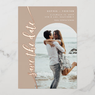 Invitation En Aluminium Taupe photo arc vertical Enregistrer la date