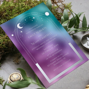 Invitation En Aluminium Teal Cosmique Violet Argent Soleil Lune Astronomie