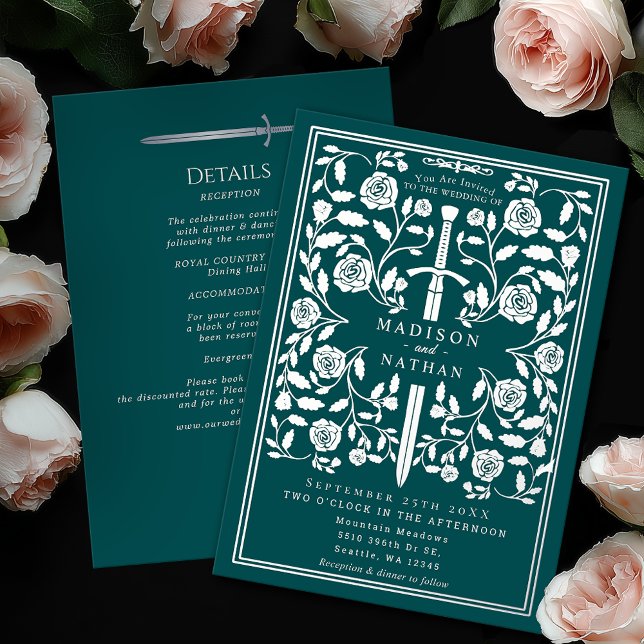 Invitation En Aluminium Teal Royal Medieval Silver Sword Wedding Details (Créateur téléchargé)