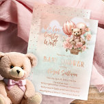 Invitation En Aluminium Teddy Bear Balloons Girl Bearly Wait Baby shower<br><div class="desc">Design Baby shower mignon avec un ours en peluche avec un arc-cravate rose dans un panier attaché à un tas de ballons roses et turquoises clairs ornés de fleurs roses. Les mots "We Can Bearly Wait !" flottent dans les nuages. Un arrière - plan d'aquarelle rose rose et turquoise clair...</div>