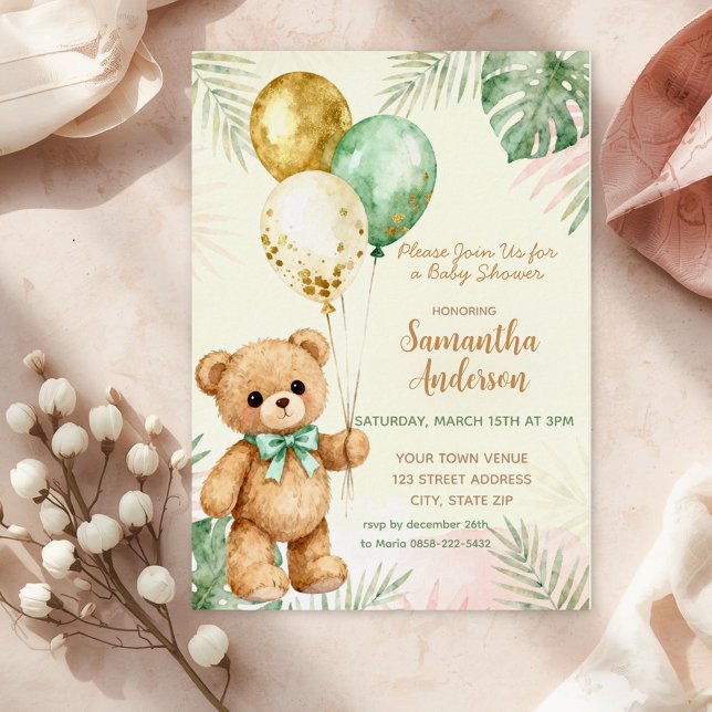 Invitation En Aluminium Teddy Bear Brown Sage Green Balloons Baby Shower (Créateur téléchargé)