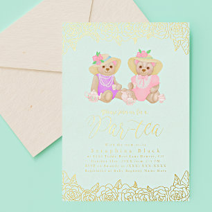 Invitation En Aluminium Teddy Bear Tea Party Mint Gold Baby shower Foil In