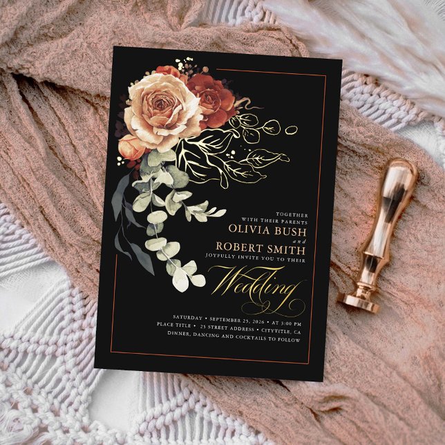 Invitation En Aluminium Terracotta Brûlé Orange Floral Boho noir Mariage (Black and Terracotta and Gold Floral Boho Wedding Invitations in Real Gold Foil)