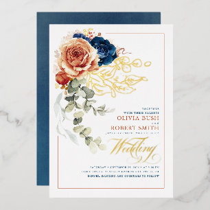 Invitation En Aluminium Terracotta Burnt Orange Floral Mariage bleu marine